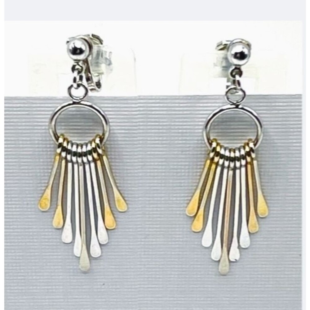 Vtg Clip On Dangle Earrings Mixed Metal Fan Fringe Silver Gold Tone Modernist